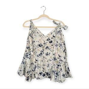 Jason Wu White & Blue Blurred Magnolia Sleeveless Ruffle Top Size 10